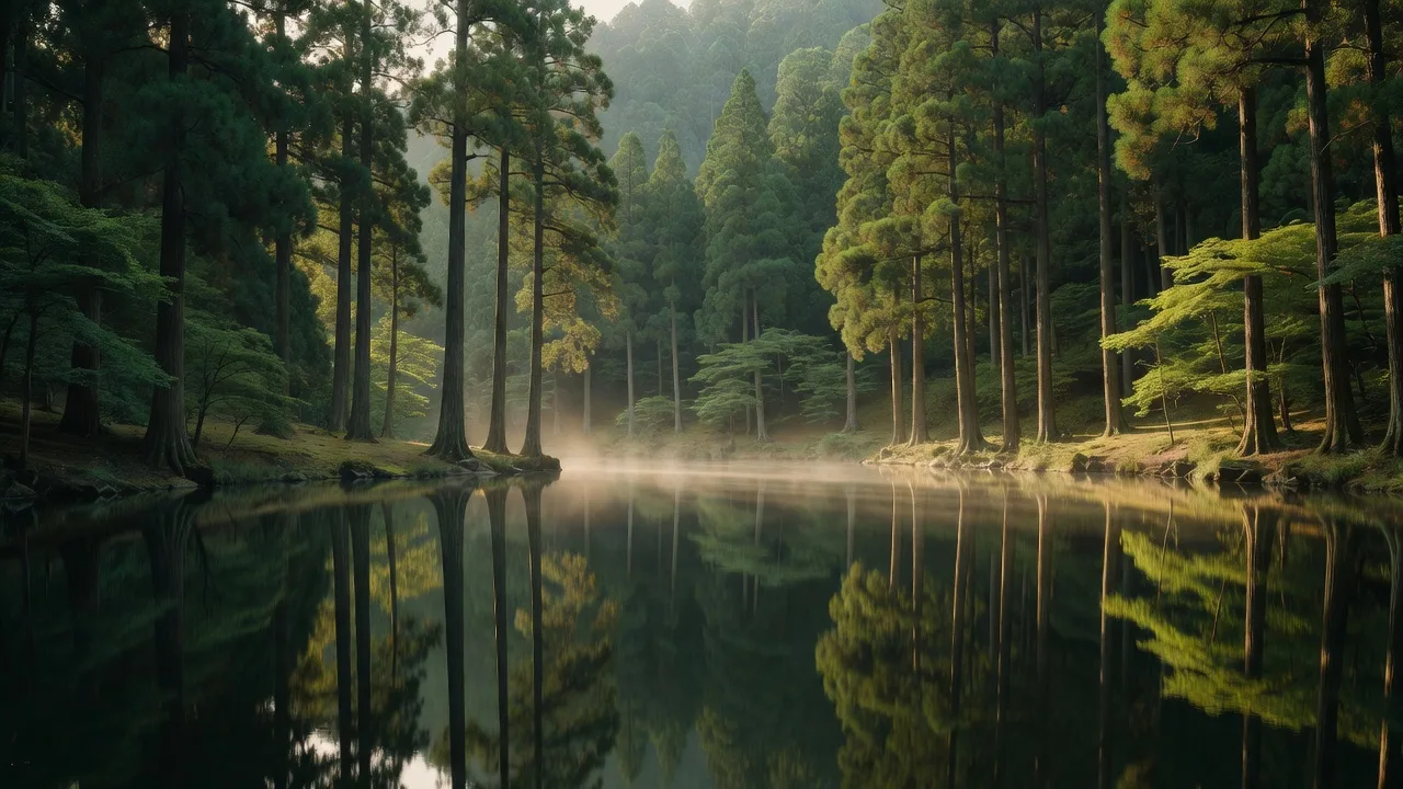 山の池を囲む杉