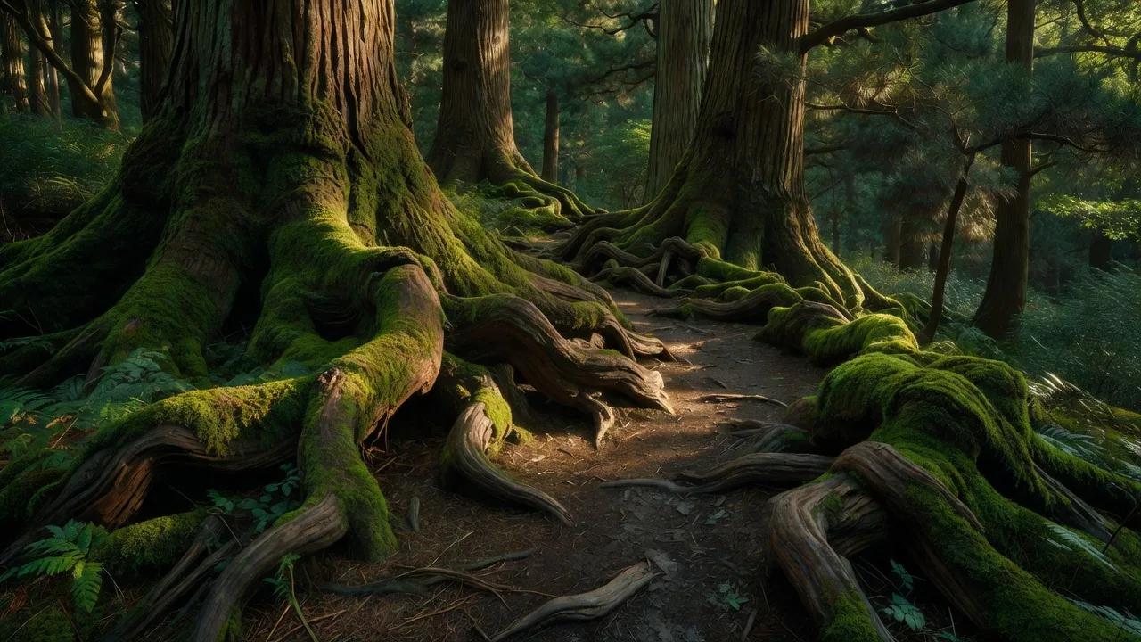 苔むした木の根の道